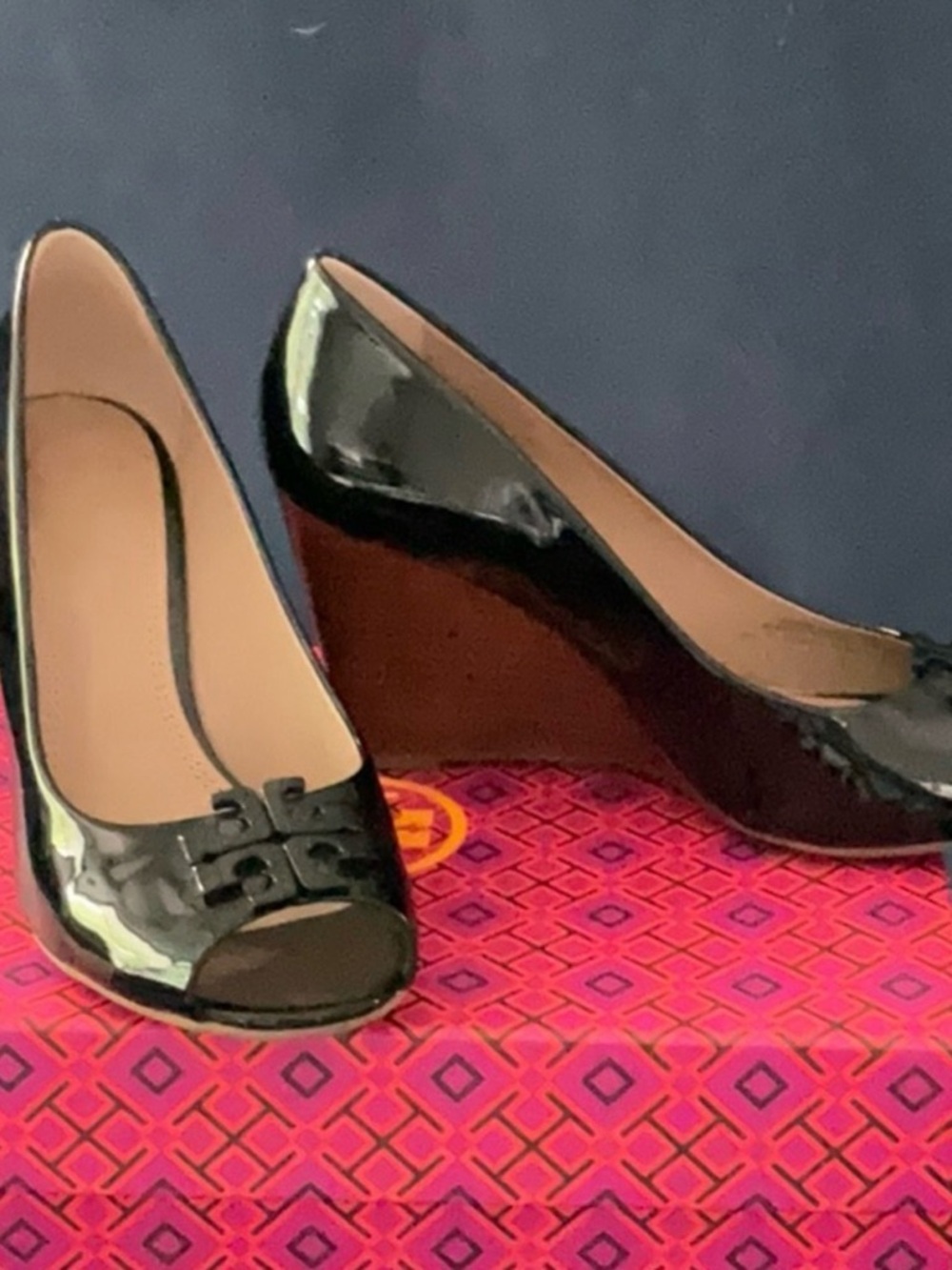 Tory Burch Black Patent Leather Wedge Pumps